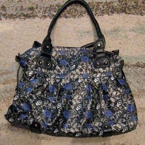Blue Floral Tote Bag with Black Accents - Womens Bag